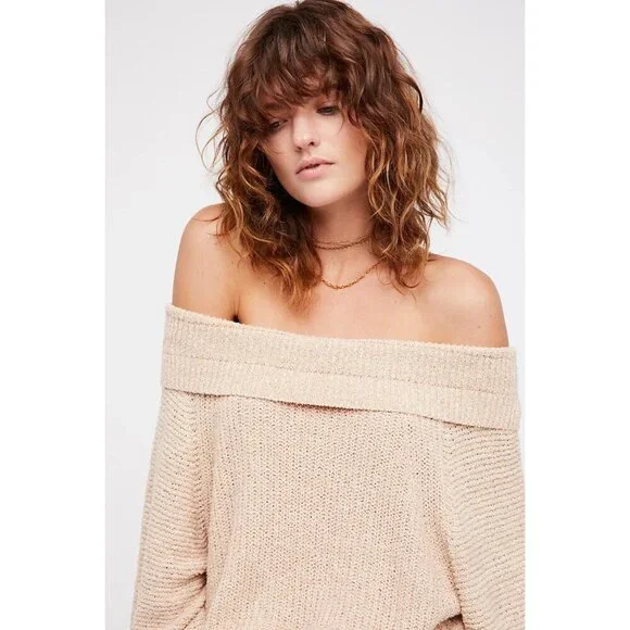 Free People Oversized Edessa Pullover Sweater in Almond Combo Taupe Size M - Picture 2 of 8